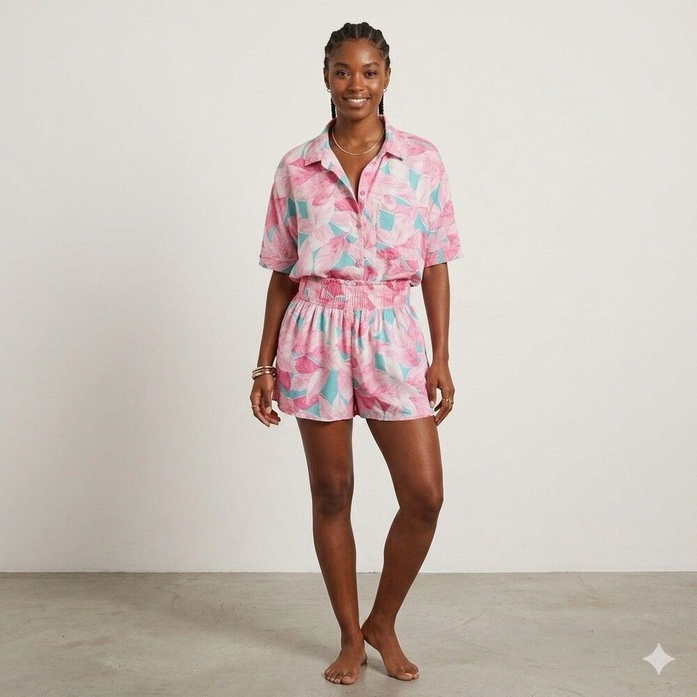 Cabana by Crown & Ivy Boxy Shirt Top &‎ Short Set M Pink Tropical Summer Resort